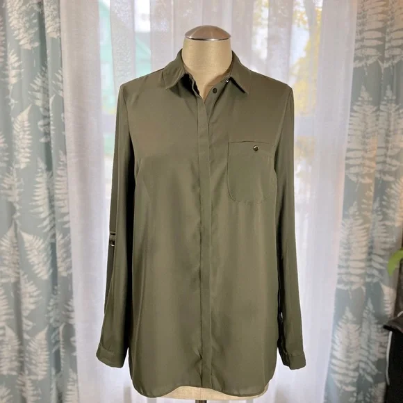 Primark Tops | Primark Olive Green Sheer Button Up Top Size 4 Euc | Color: Green | Size: 4 | Romylex's Closet